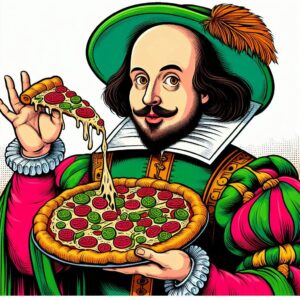 Shakespeare enjoying some pizza