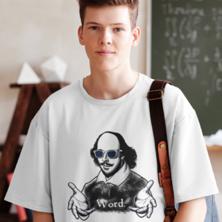 Teen student wearing white Shakespeare word shirt.
