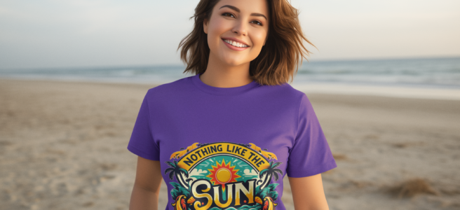 Woman at the beach wearing a Nothing Like the Sun purple t-shirt