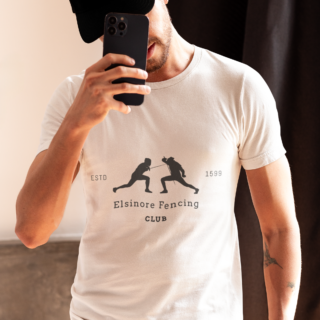 man wearing Elsinore Fencing Club shirt